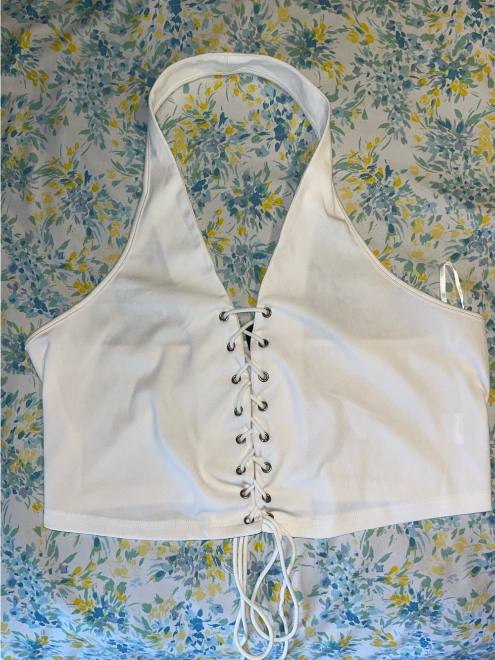 SHEIN White Lace-Up Halter Crop Tank